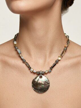 Vintage Cookie Lee Abalone & Silver Filigree Bead Shell Pendant Necklace